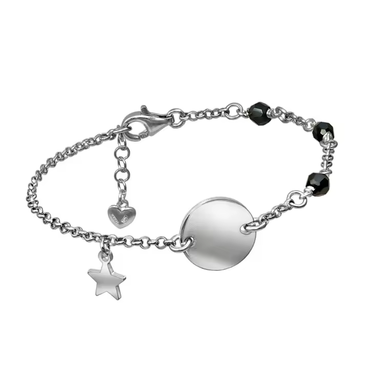 Pulsera de Plata con Dijes de Estrella y Corazón, Cristales Negros, 15+3 cm, Placa Central de 12 mm, Ref:CHPA119PULP15A - 1