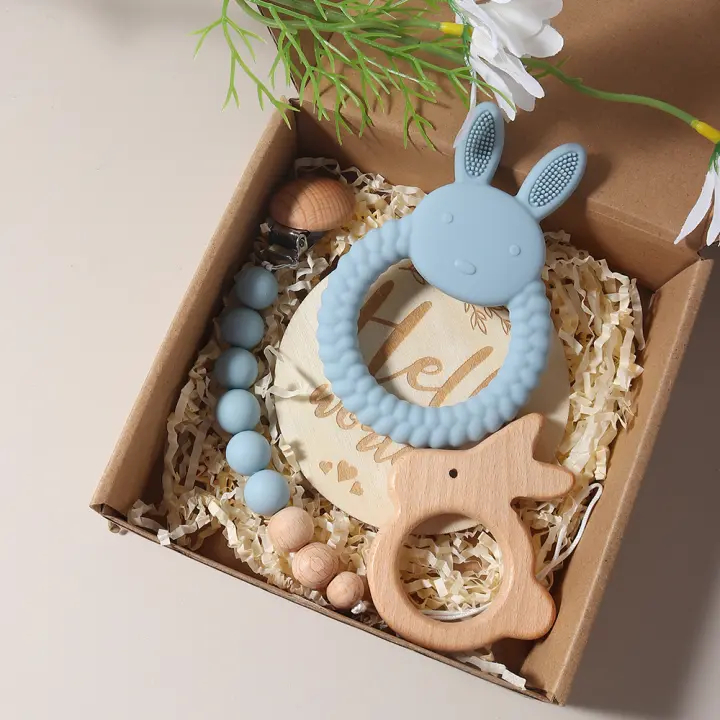 Juego De Regalo Para Bebé Recién Nacido Mordedor De Silicona Conejito Juguete De Madera Rattle Accesorios Para Fotografía - 1
