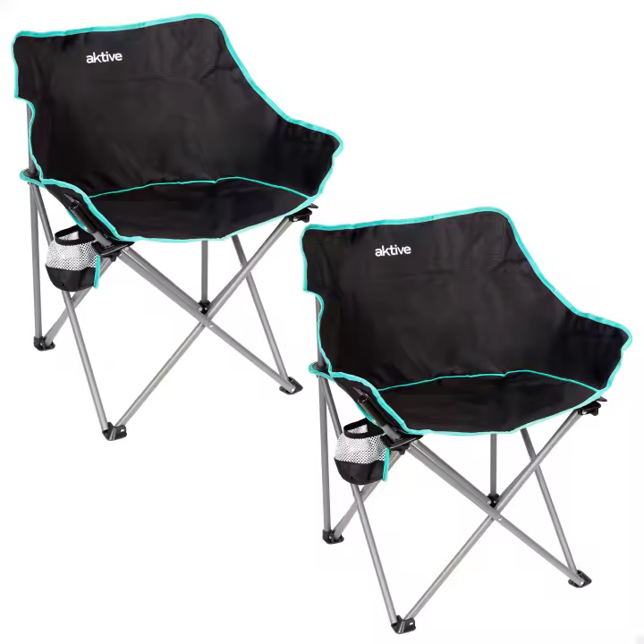 Aktive - Pack 2 sillas plegables de camping, negras, estructura de acero, ligeras y compactas, con posavasos y bolsa de transporte, perfectas para exteriores - 1