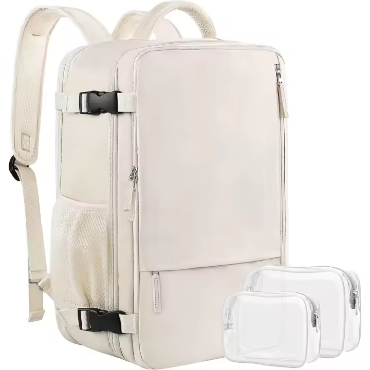 Mochila de viaje para mujer, expandible, de 40 l, aprobada para llevar en avión, bolsa de viaje impermeable para computadora portátil de 17 pulgadas para la universidad, viajes, trabajo, beige - 1