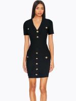 Vestido Bandage Negro Elegante De Verano Para Mujer Con Cuello En V Manga Corta Botones Metálicos Casual Para Fiesta De Playa Ropa De Calle Alta Comodidad Slim Fit Longitud De Rodilla - details 5