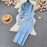 Conjunto De Ropa De Mujer REALEFT Otoño Invierno 3 Piezas Traje De Tejido Knitted Cardigan De Botón Sencillo Y Tops Falda Elegante Para Oficina - details 9