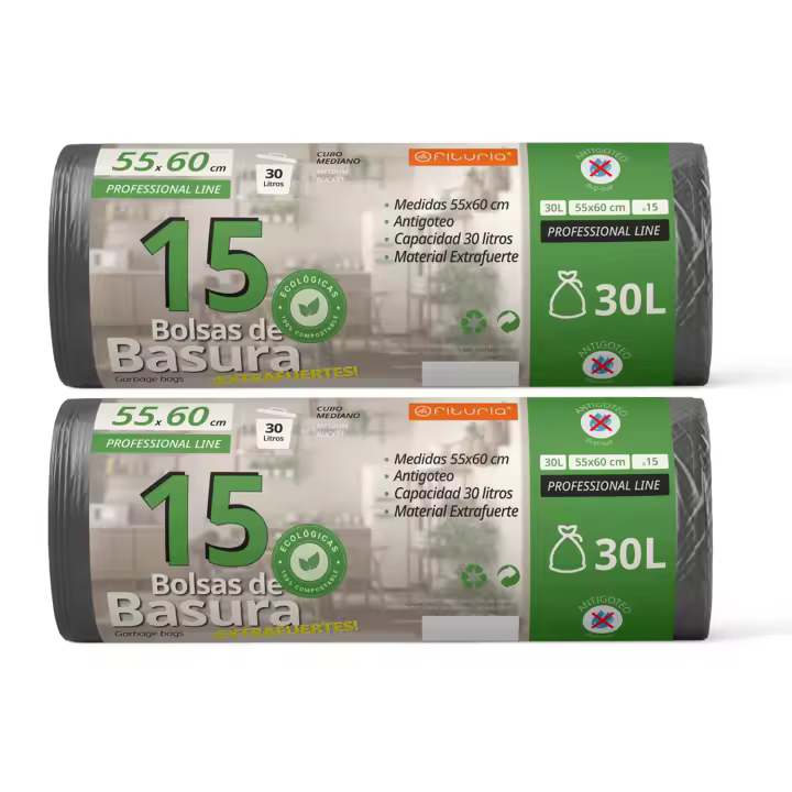 Bolsas Basura, Bolsas Basura 30L, Resistentes, Material 100% Reciclado y Reciclables , Antigoteo, Bolsas con Autocierre Fácil, Apta para Todo Tipo de Desechos, 55x60 cm - Ofituria (15 bolsas, 30L) - 1