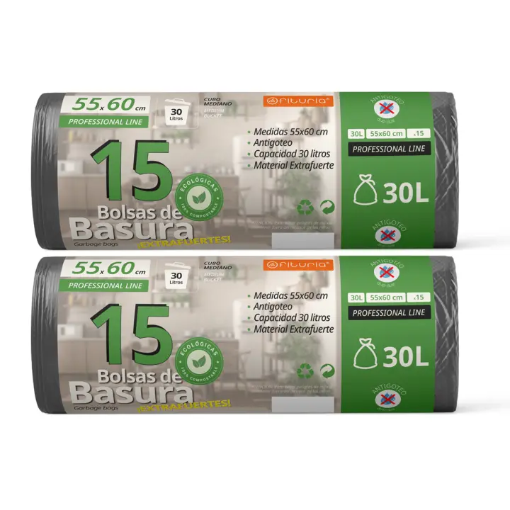 Bolsas Basura, Bolsas Basura 30L, Resistentes, Material 100% Reciclado y Reciclables , Antigoteo, Bolsas con Autocierre Fácil, Apta para Todo Tipo de Desechos, 55x60 cm - Ofituria (15 bolsas, 30L) - 1