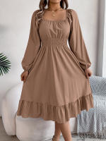 Vestido A-Line De Mujer Elegante Otoño Invierno Color Sólido Cuello Cuadrado Manga Larga Volantes Vestido Midi Casual Polyester Spandex - details 33