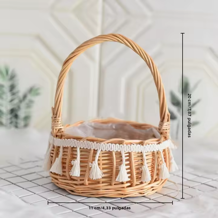 Cesta De Flores De Rotura Natural Tejida a Mano Para Decoración De Boda Y Almacenamiento Con Borlas Decorativas 1PC - 1
