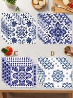 Juego De 4 Piezas De Tapetes De Céramica Estilo Geométrico Bohemio En Azul Y Blanco Para Decoración De Mesa Tamaño Cuadrado - details 1