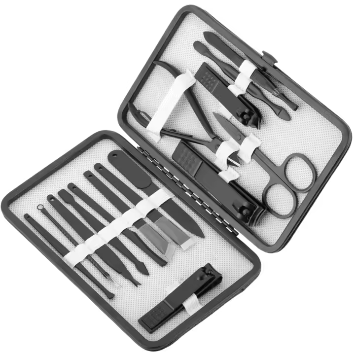 Kit de estuche de manicura y pedicura profesional set de 15 accesorios de acero inoxidable funda negra con imitación a piel - PrimeMatik - 1