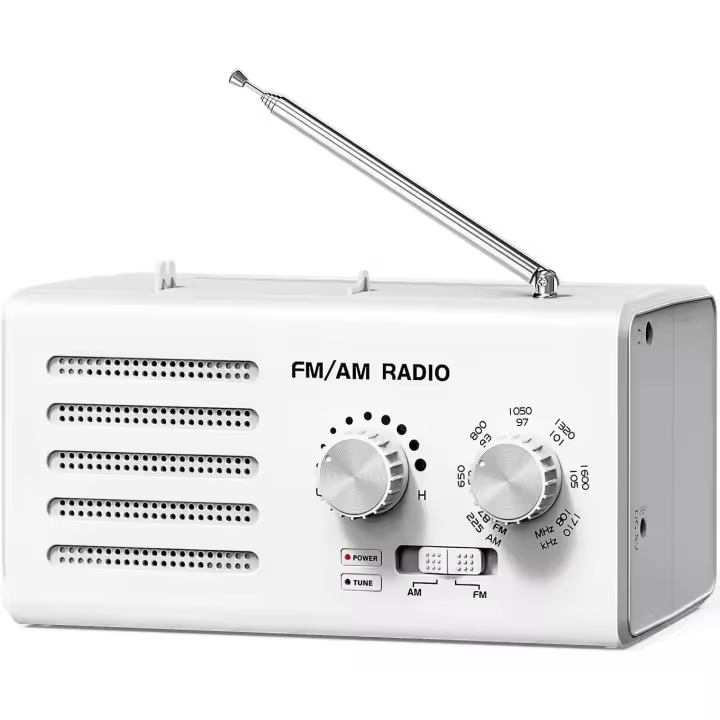 Radio Portátil FM/AM, Transistor Radio Botón de Ajuste Extra Grande, 5W Altavoz Grande, Soporte de Alimentación USB/Operador Batería - Blanco - 1