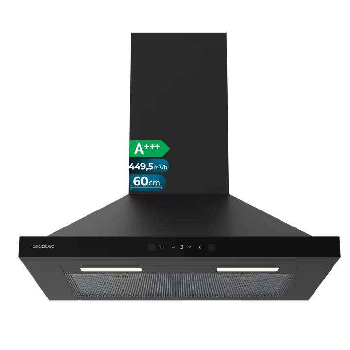 Campana Extractora Piramidal Cecotec 60 cm Bolero Flux PT 604400 Negro A+++. Cristal Frontal en Negro, Succión 449,5 m³/h, Control Táctil Invisible, Función Booster, Filtros Lavables, Clase A+++ - 1