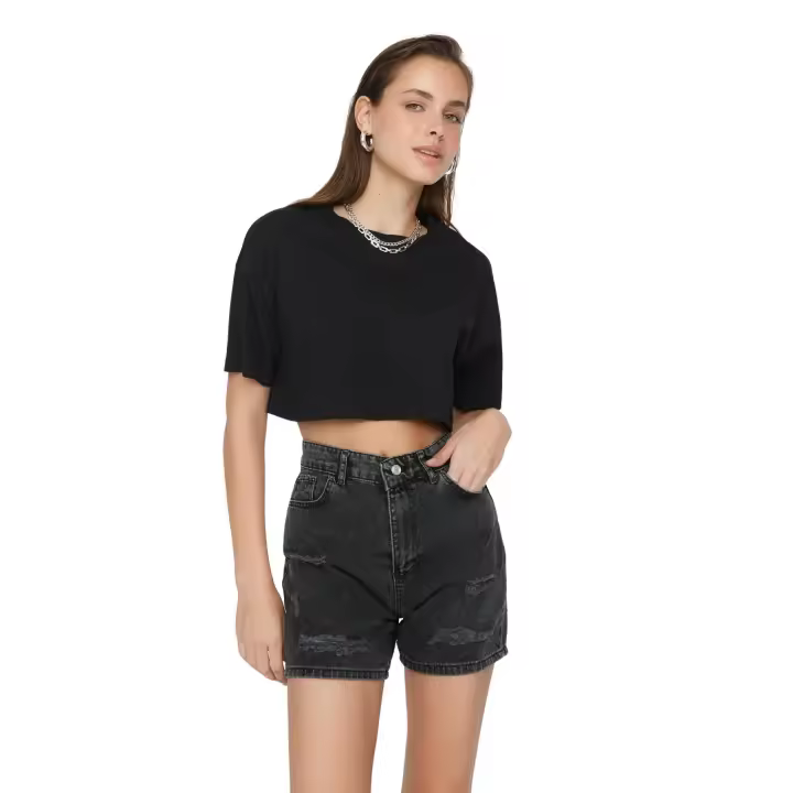 Trendyol Anthracite Ripped Denim Shorts Twoss22Sr00144 - 1