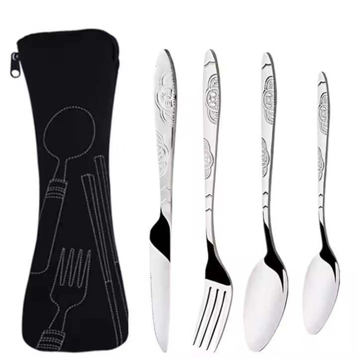 Juego de cubiertos para 4, moderno juego de cubiertos de acero inoxidable pulido espejo que incluye cuchillo para carne, tenedor y cuchara, juego de 4 - 1