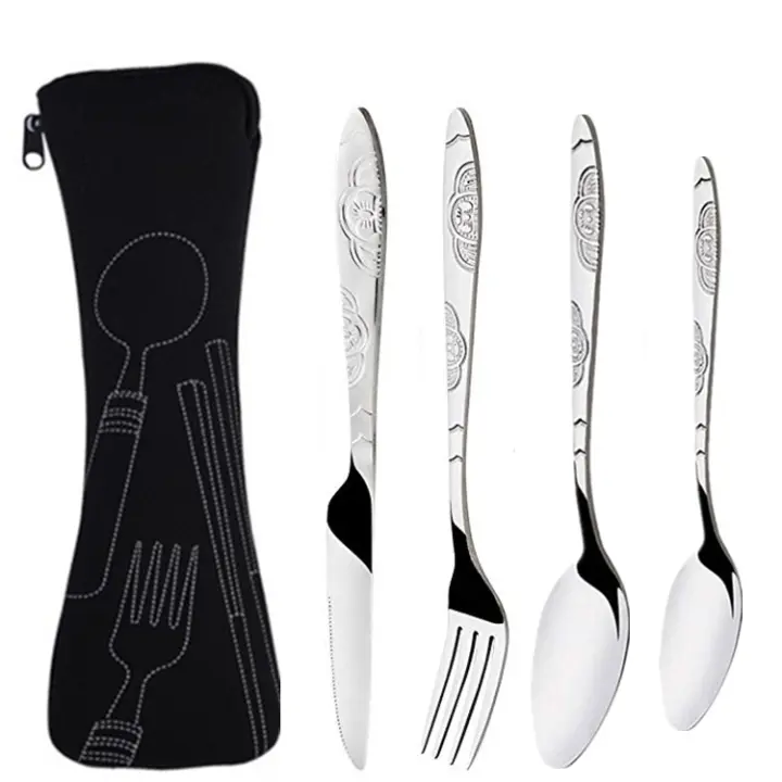 Juego de cubiertos para 4, moderno juego de cubiertos de acero inoxidable pulido espejo que incluye cuchillo para carne, tenedor y cuchara, juego de 4 - 1