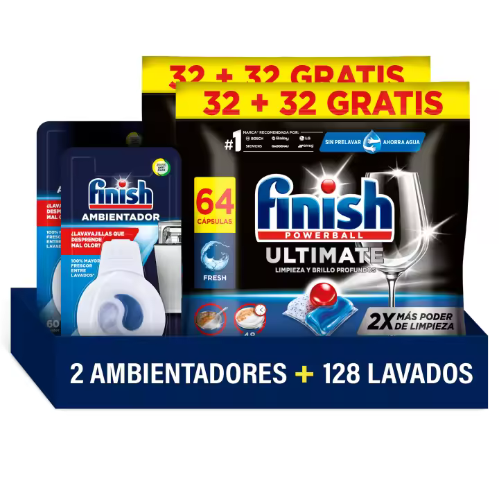 Finish Powerball Ultimate 128 Pastillas para Lavavajillas + 2x Ambientador Fresco, Aroma Regular, Limpieza y Brillo Profundos - 1