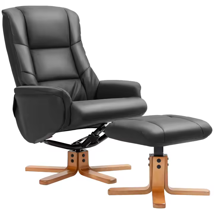 HOMCOM GARSillón relax  con taburete, sillón de televisión con función reclinable, función basculante, sillón de TV con respaldo alto, patas de madera para sala de estar, dormitorio, cuero sintético - 1