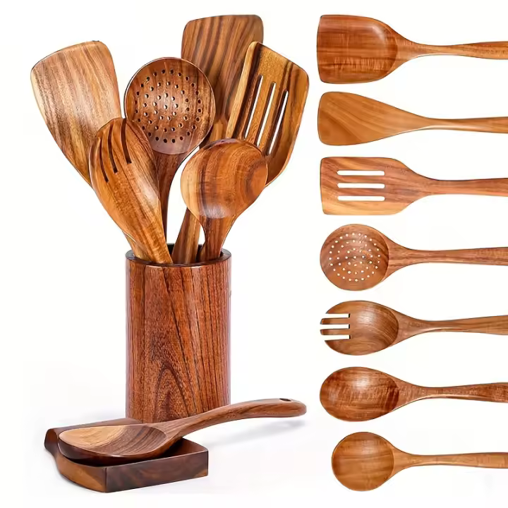 Juego de 9 cazas de madera de piezas, utensilios de cocina de madera con soporte - 1
