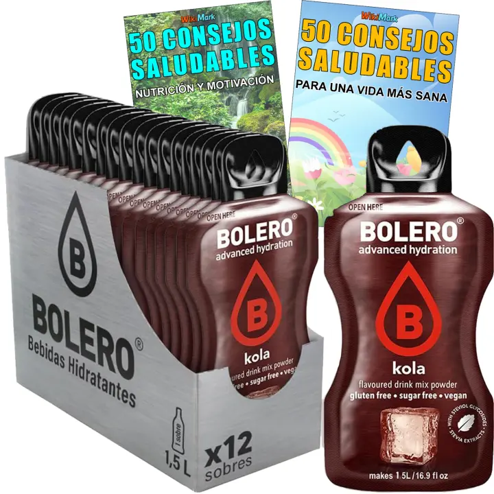 Lote Bebida Bolero (12 x 9 Gr) Sabor COLA Hidratante con Vitamina C, Sin Azúcar + Tarjeta con 100 Consejos Saludables y Vida Sana x WikiMark 12 Sobres + Tarjeta 100 Consejos, COLA (KOLA)) - 1