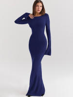 Vestido Bodycon Largo Elegante Y Sencillo Para Mujer Con Manga Flare Y Cuello Redondo Estilo Casual Sexy De Weir Puess Irregular Y Ajustado - details 15
