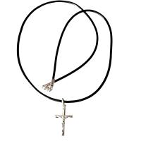 COLGANTE CRUZ Plata de Ley relieve de 25mm y cuero natural a 50 cm con Plata de Ley + bolsa de tela regalo - details 2