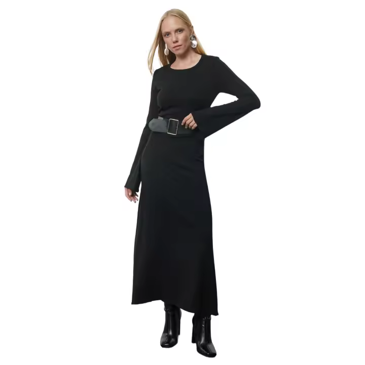 Trendyol Black Mercerized Look Midi Knitted Belted Dress Twoaw25El00034 - 1