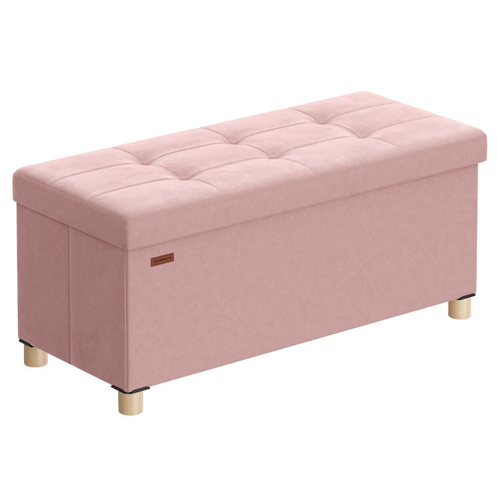 SONGMICS Puff Almacenaje Pequeño, Banco Plegable, 38 x 76 x 38,5 cm, Reposapiés, 77 L, Superficie de Terciopelo, para Dormitorio, Sala de Estar, Dormitorio, Rosa Jalea/Beige Cappuccino