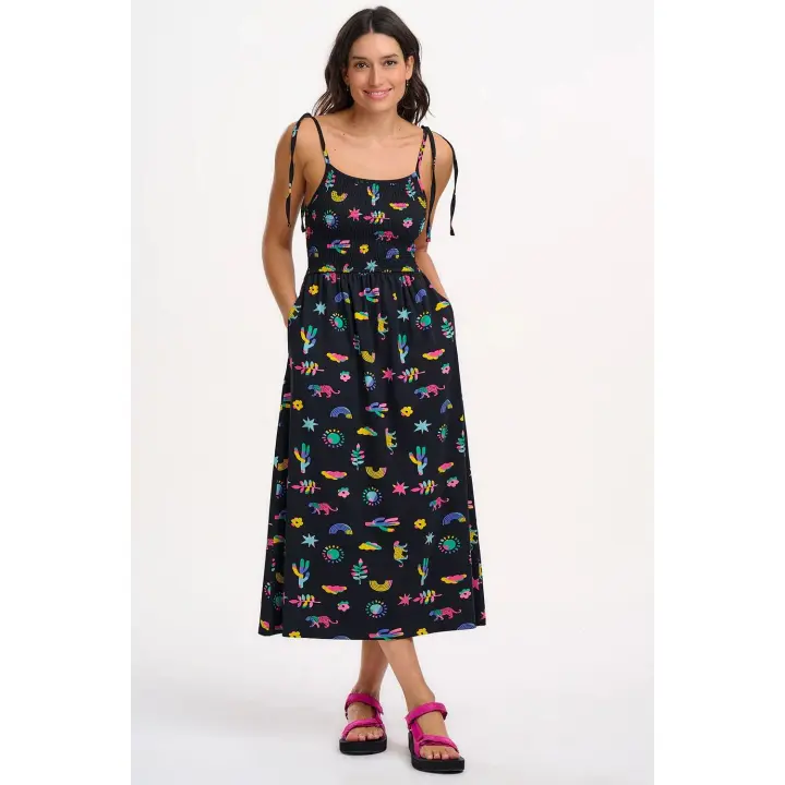 SUGARHILL BRIGHTON - Vestido Willa veraniego fruncido color negro con estampado de alegría de verano de Sugarhill Brighton - 1