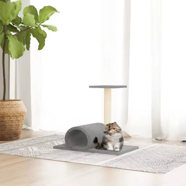 vidaXL Poste rascador para gatos con túnel 60x34,5x50 cm poste rascador Color Crema,  Gris claro,  Gris oscuro y mas - 1