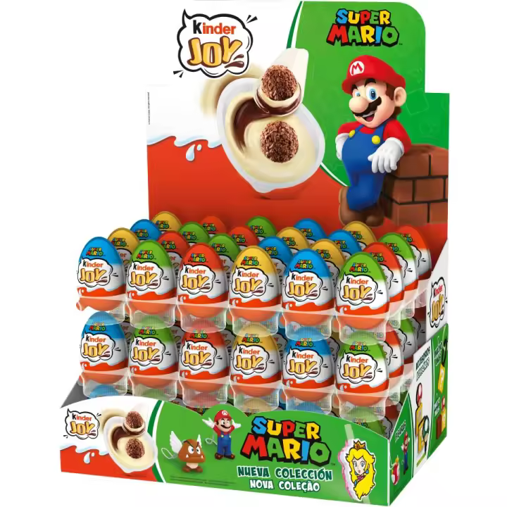 Kinder Joy Mario Bros - Caja con 72 huevos con crema de leche y cacao y 2 bolitas de chocolate - Contiene un juguete en el interior - 1