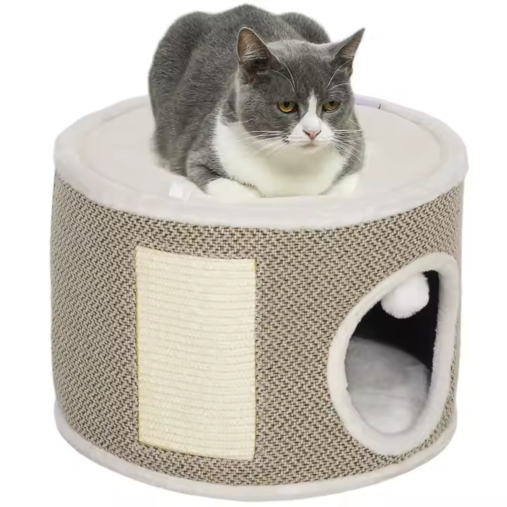 PawHut Torre rascadora para gatos, barril rascador para gatos, 30 cm de altura, con sisal para rascar, superficie de felpa, cojines extraíbles, pelota de juego, color café - 1
