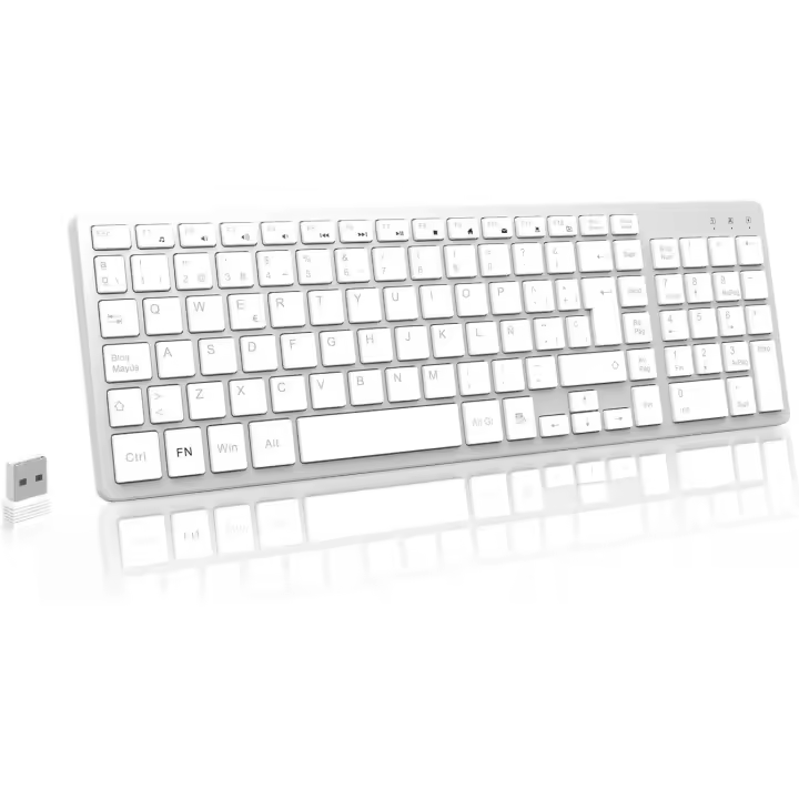 Teclado Inalámbrico Silencioso Español, Teclas de Perfil Bajo, Teclado Numérico, Receptor USB 2.4GHz, Ergonómico Wireless Keyboard para Windows Mac PC Ordenador Portátil - Plata - 1