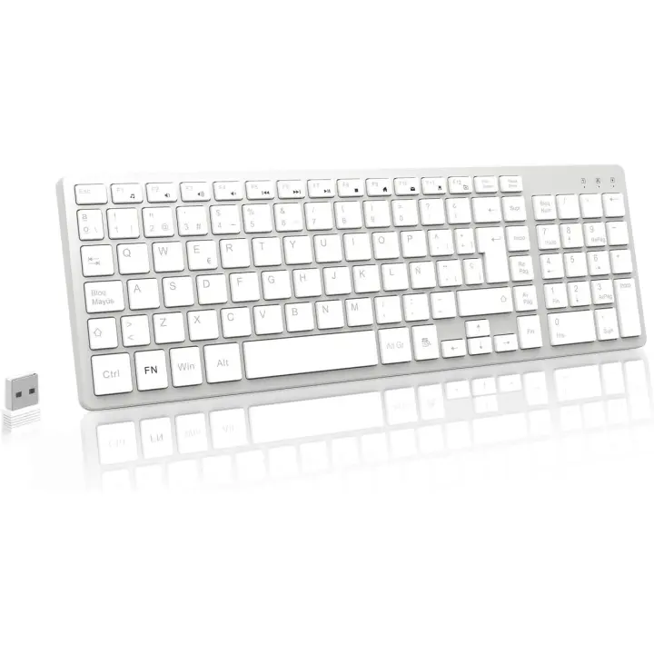 Teclado Inalámbrico Silencioso Español, Teclas de Perfil Bajo, Teclado Numérico, Receptor USB 2.4GHz, Ergonómico Wireless Keyboard para Windows Mac PC Ordenador Portátil - Plata - 1