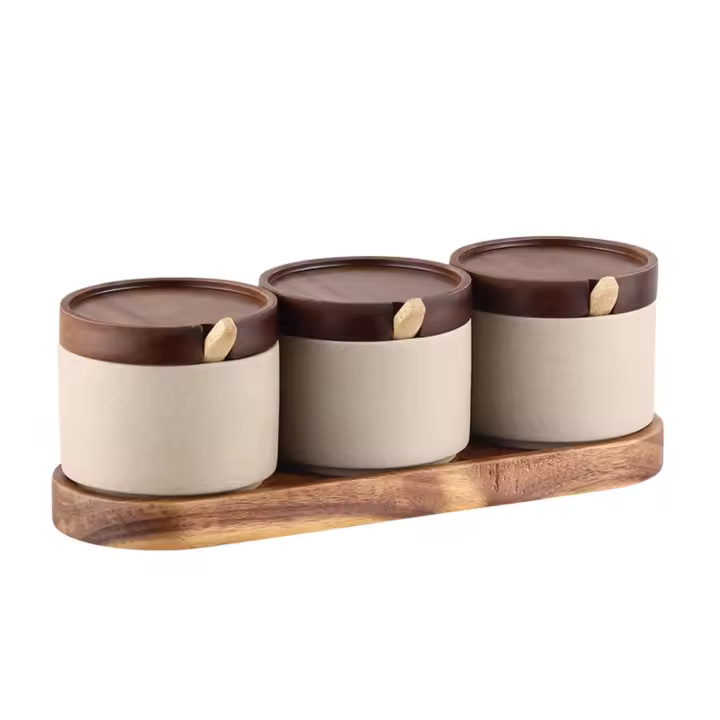 LUTODY - Juego de 3 botes de cerámica para sal, pimienta, azúcar, especias y condimentos con tapa de acacia natural para cocina y alimentos - 1