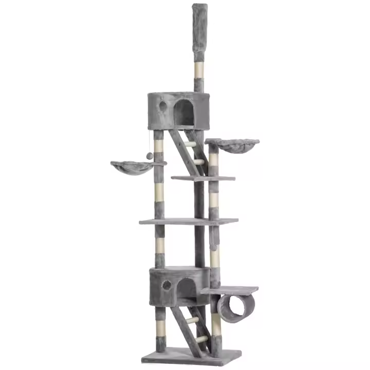 PawHut Árbol Rascador para Gatos 60x45x240-260 cm con Altura Ajustable Múltiples Plataformas Cuevas Cestas y Escaleras de Sisal Natural y Felpa Gris Oscuro - 1