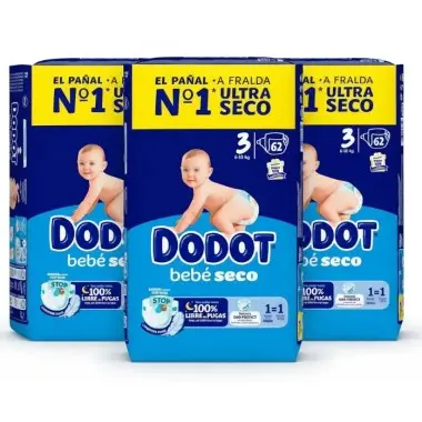 Dodot Bebé-Seco Talla 3 (6-10 kg) Pack Ahorro 186 Pañales (3x62) – Sequedad Duradera y Protección Anti Fugas - 1