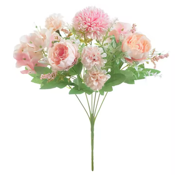 Flores artificiales, 2 paquetes de seda de peonía falsa luz Rosa Hortensia ramo decoración plástico Clavel Margarita (rosa) - 1