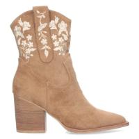 PuntoSalao Botines tacón medio cómodo bordado flores mujer camel A-3008 Estos botines de tacón están fabricados con unmaterial textil gamuzado de alta calidad, que es suave al tacto y resistente al desgaste - details 0