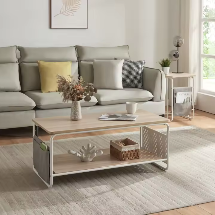 Mesa de centro Dyrøy con estante y bolsa acero 100x50x43cm - Blanco/Roble [en.casa] - 1