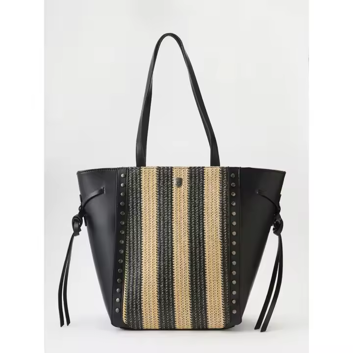 Koroshi Bolso shopper efecto piel con Tejido en contraste efecto yute con cenefa lateral de tachuelas metálicas y Asas de hombro corta de color Negro para Mujer - 1