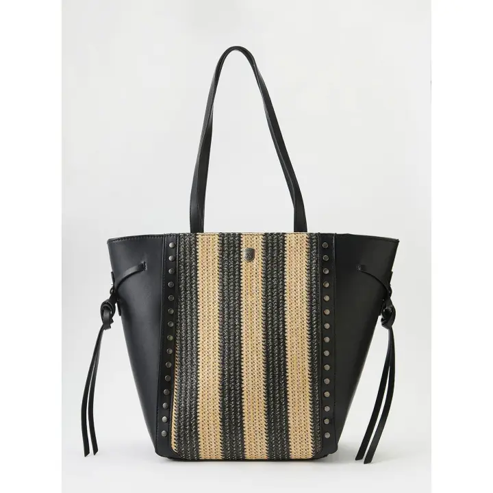Koroshi Bolso shopper efecto piel con Tejido en contraste efecto yute con cenefa lateral de tachuelas metálicas y Asas de hombro corta de color Negro para Mujer - 1