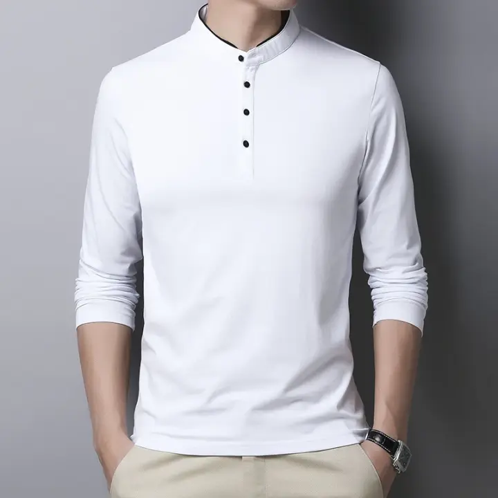 Camisa Polo De Moda Para Hombres Manga Larga Transpirable Estilo Coreano Cómoda Con Cuello Erguido Top De Verano Sin Capucha - 1