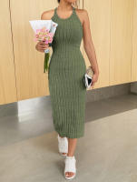 Vestido Bodycon Midi De Verano Para Mujer Cuello Halter Sólido Alta Cintura Slim Elegante Vestido De Oficina Sin Mangas Polyester - details 14