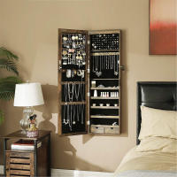 Espejo joyero con armario y luz led, montaje en puerta o pared, con cerradura, 2 cajones, organizador elegante de joyería en gris o marrón rústico, perfecto para dormitorio y habitación - details 7