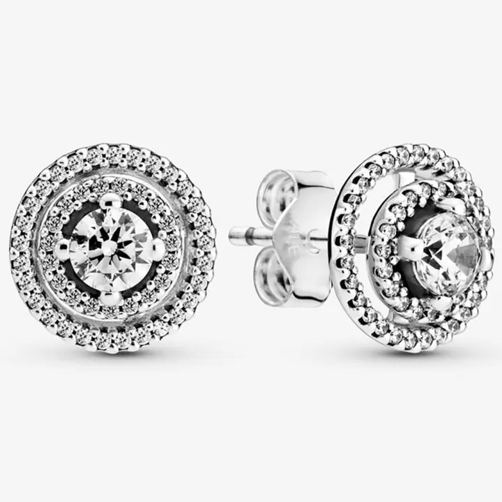 Pandora Pendientes de Botón en Plata de Ley Doble halo Brillante，Incluye Caja Original - 1
