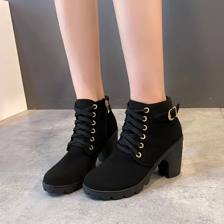 Botas De Tacón Alto Para Mujer 2023 Primavera Invierno Calidad Superior Con Cordones Modernas Europeanas PU Botines De Tacón Con Entrega Rápida - 1