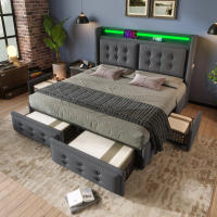 Cama tapizada 160x200, Cama Doble with cabecera LED y Carga USB C, 4 cajón, Cama de almacenamiento with base de listones de madera y Marco metálico, capacidad de carga 300 kg, Gris, algodón (sin colchón) - details 2