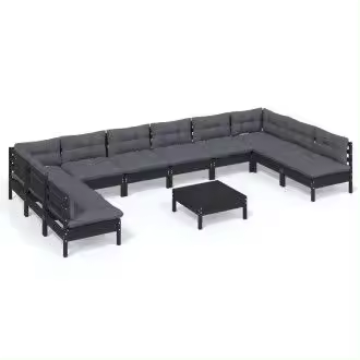 VIDAXL set de sillones de 11 piezas hecho en madera maciza de pino color negro y cojines color gris antracita oscuro - 1