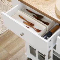 HOMCOM Carro de Cocina Isla de Cocina con Ruedas Multifuncional con 2 Cajones 3 Puertas de Vidrio Templado Toallero y Especiero 124,5x39,5x90 cm Blanco - details 3