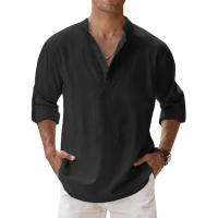 Camisa Hawaiana De Algodón Y Lino Para Hombres Estilo Streetwear Ligera Con Cuello Y Manga Larga Transpirable Para Playa Y Uso Diario - details 1