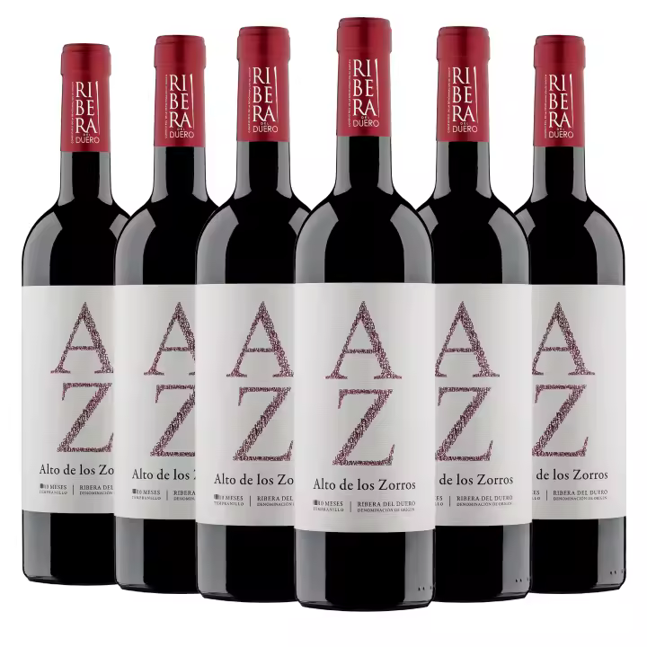 ARTE SABOR Caja de 6 botellas de vino Alto de los Zorros, Ribera del Duero crianza de 10 meses en barrica de roble francés y americano. Vendimia del 2021. 75cl con 14,5% vol. 7x7x32 Cm. - 1
