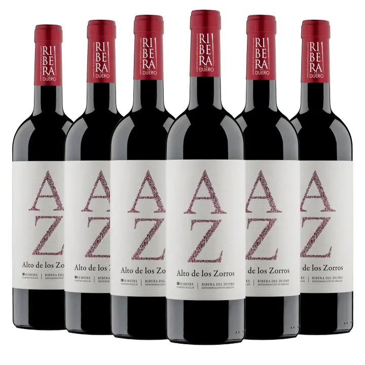 ARTE SABOR Caja de 6 botellas de vino Alto de los Zorros, Ribera del Duero crianza de 10 meses en barrica de roble francés y americano. Vendimia del 2021. 75cl con 14,5% vol. 7x7x32 Cm. - 1